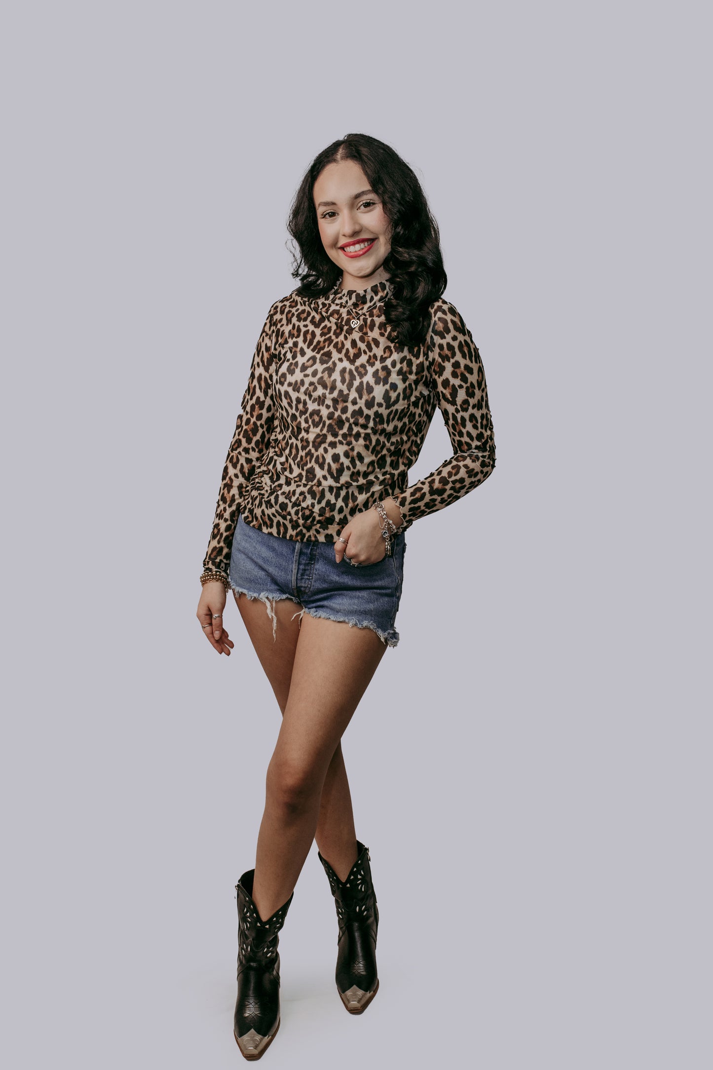 MK719 Leopard Print Mesh Top