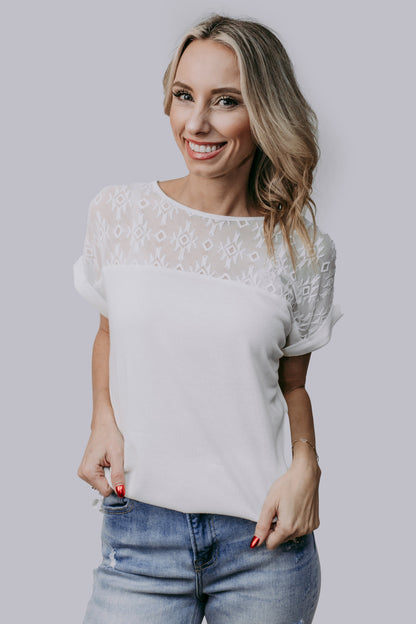 MK673 Aztec Lace Mix Blouse White