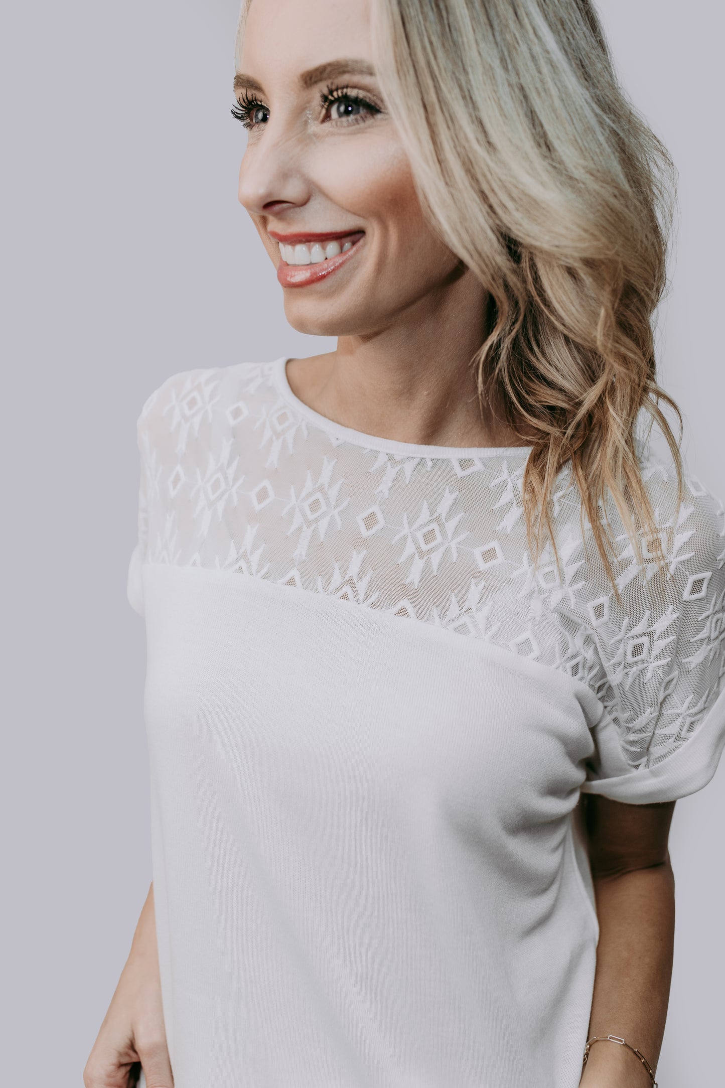 MK673 Aztec Lace Mix Blouse White