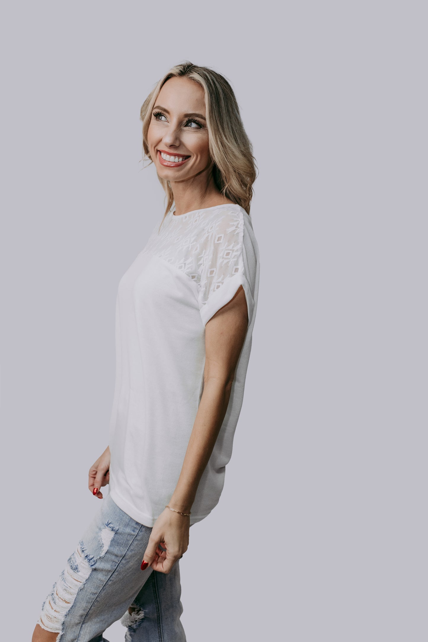MK673 Aztec Lace Mix Blouse White
