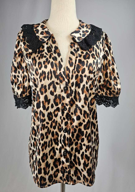 MK700 Leopard Lace Puff Sleeve Blouse