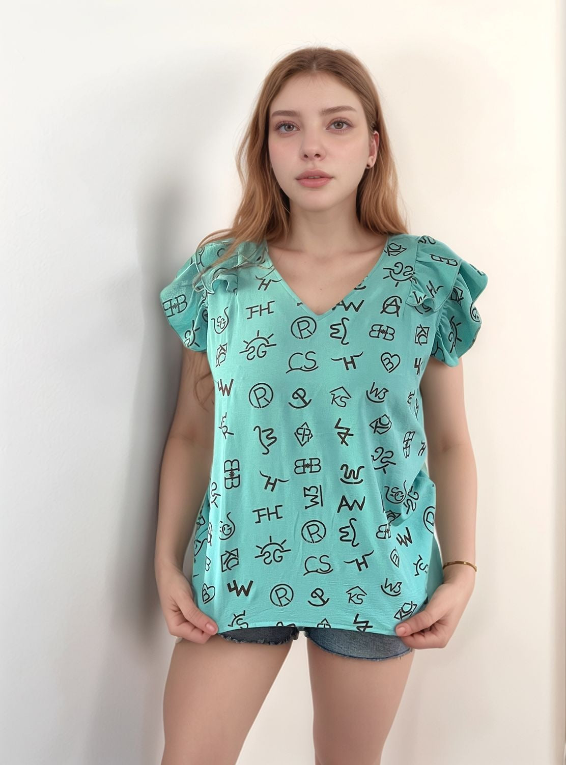 TZ91 Branded Ruffled Sleeve Blouse