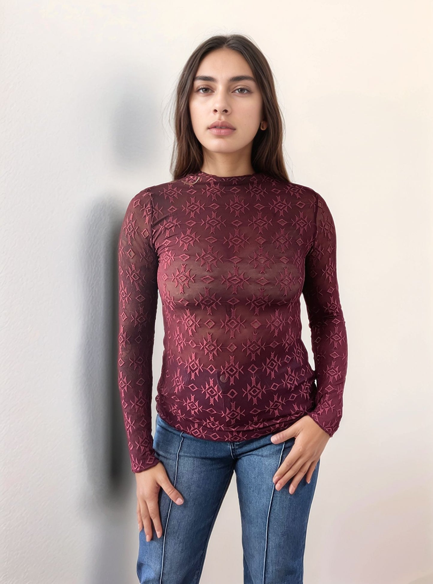 MK716 Aztec Embroidered Mesh Top