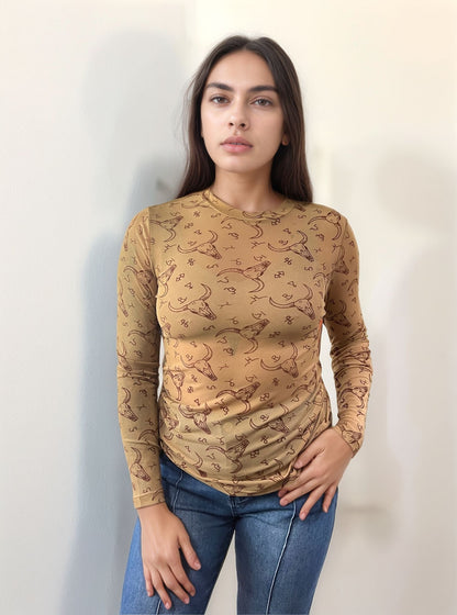 TZ107 Branded Longhorns Velvet Mesh Top