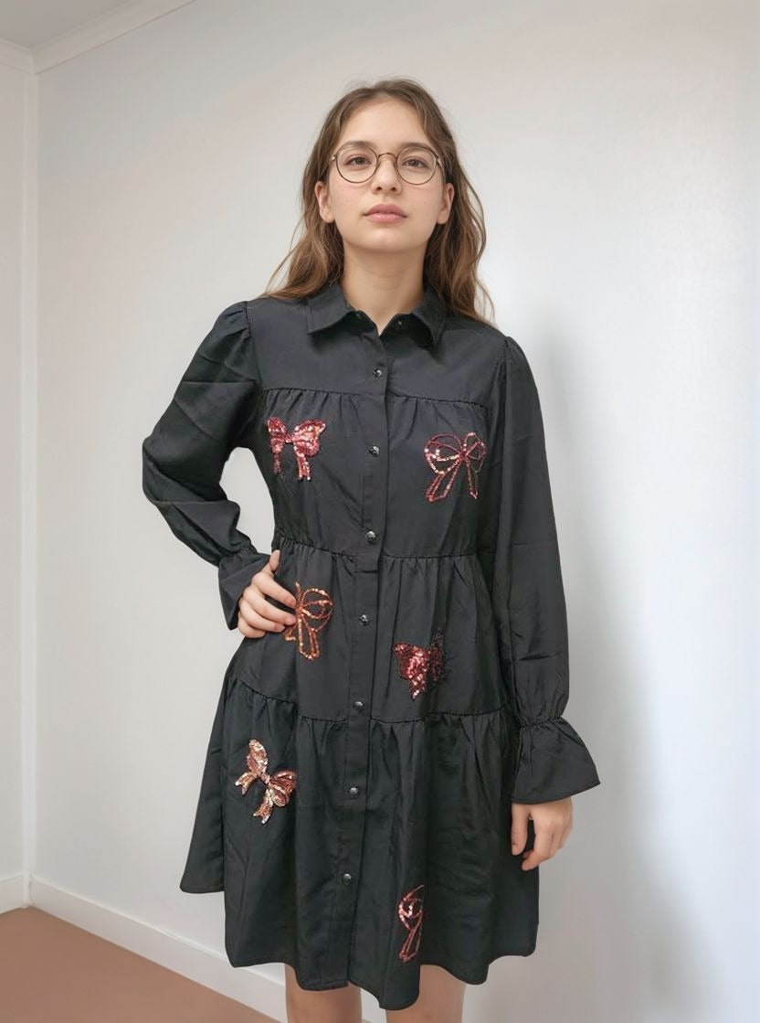MK547 Sequins Bow Puff Sleeve Long Sleeve Dress
