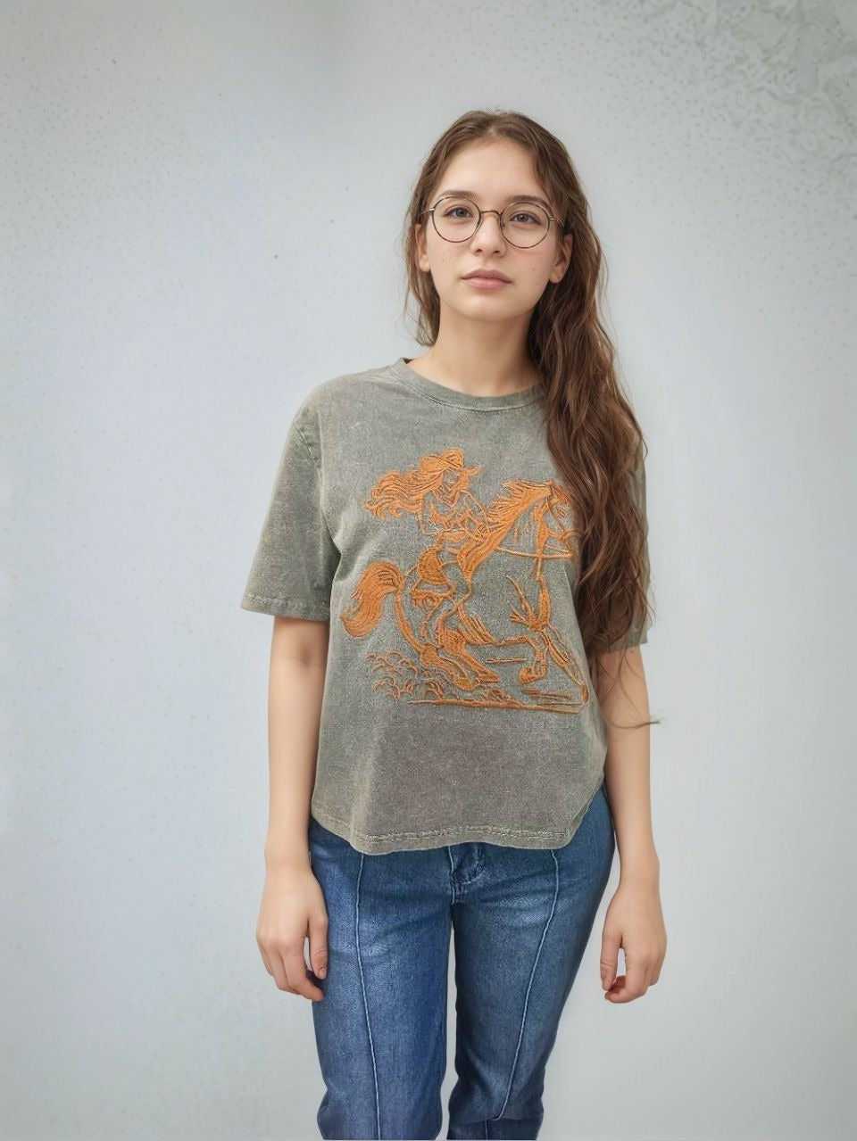 MK639 Cowgirl Embroidery Acid Washed Tee