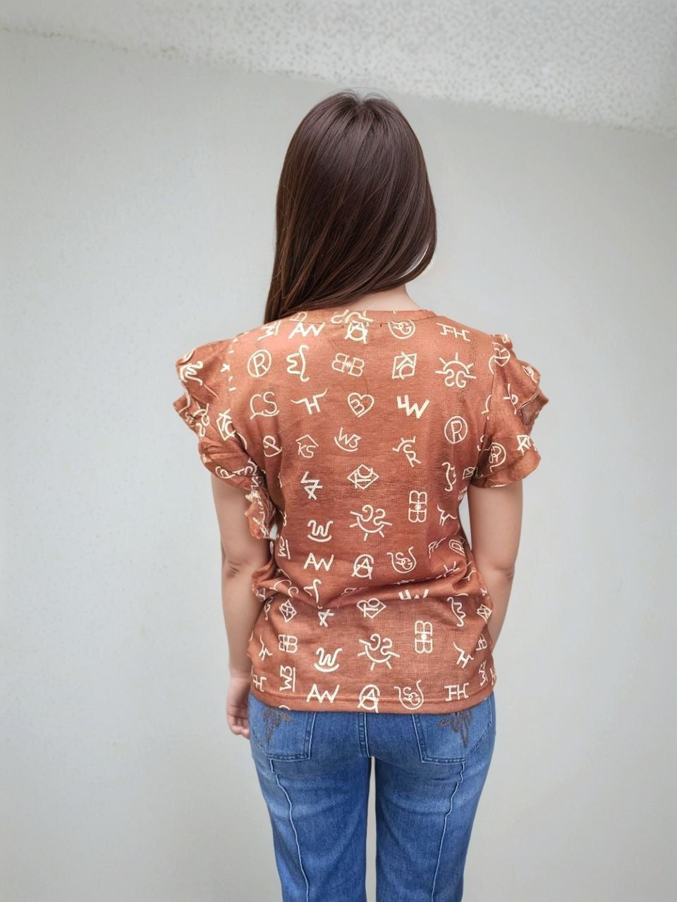 MK668 Branded Ruffled Sleeve Blouse