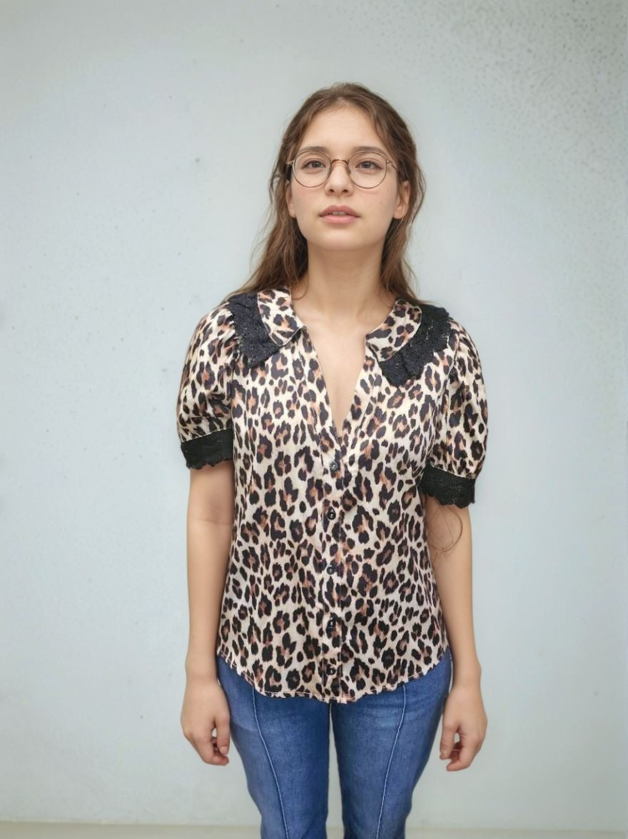 MK700 Leopard Lace Puff Sleeve Blouse
