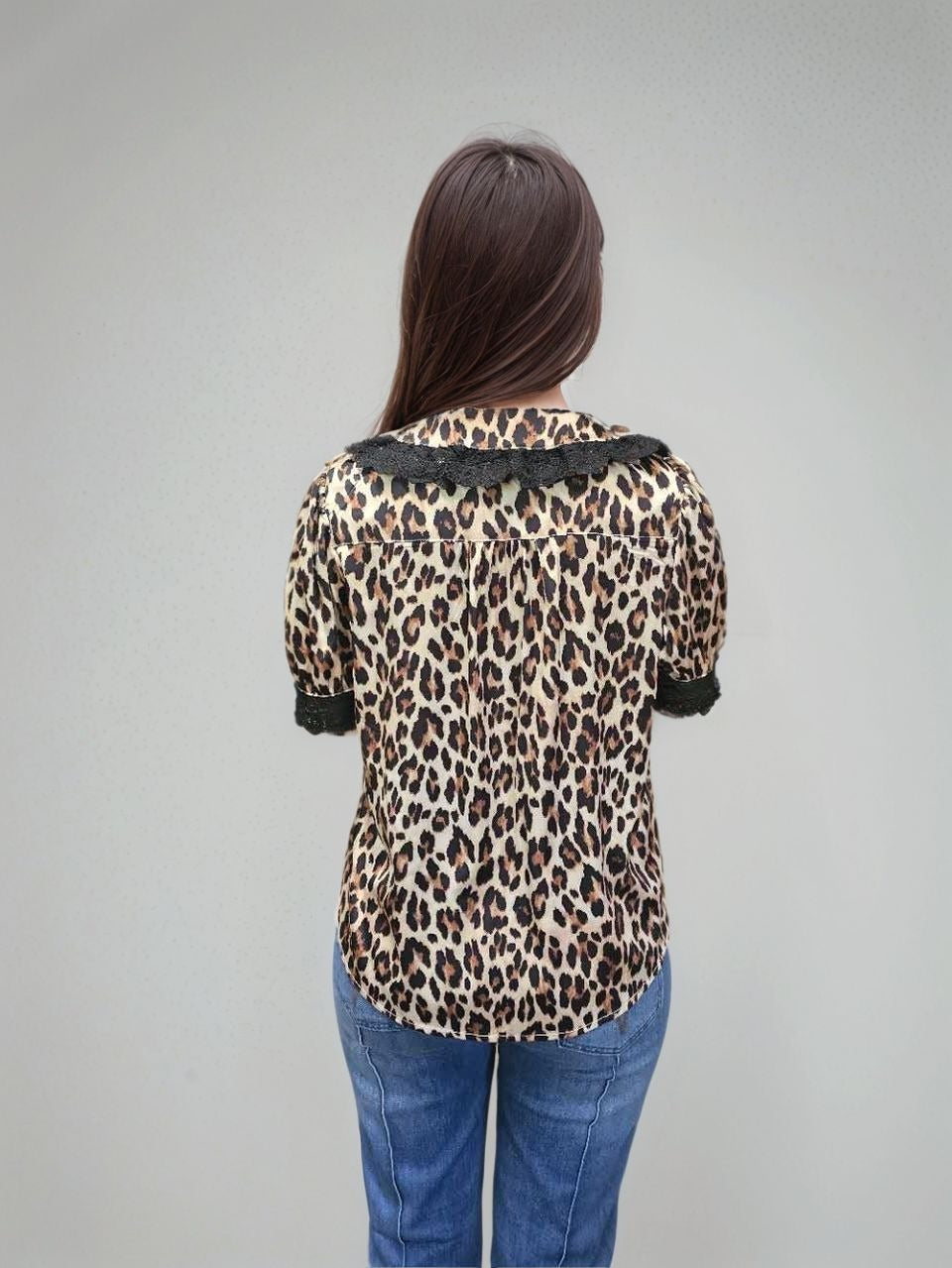 MK700 Leopard Lace Puff Sleeve Blouse