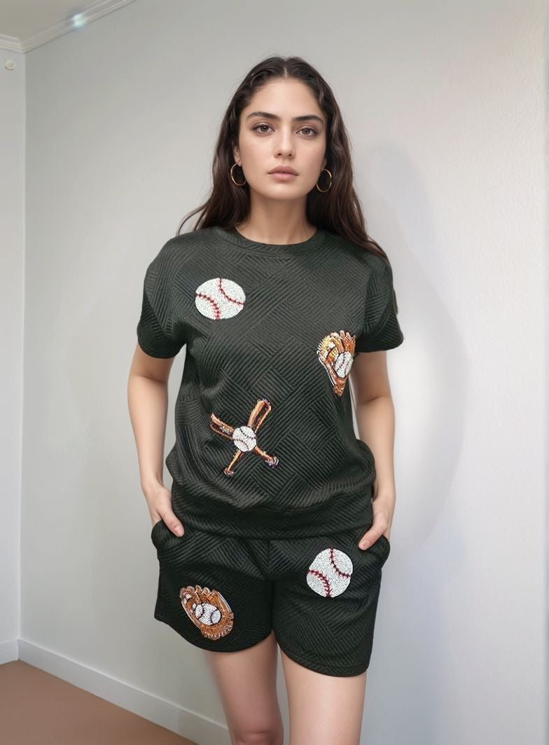 MK591 Sequins Baseball Short Sets