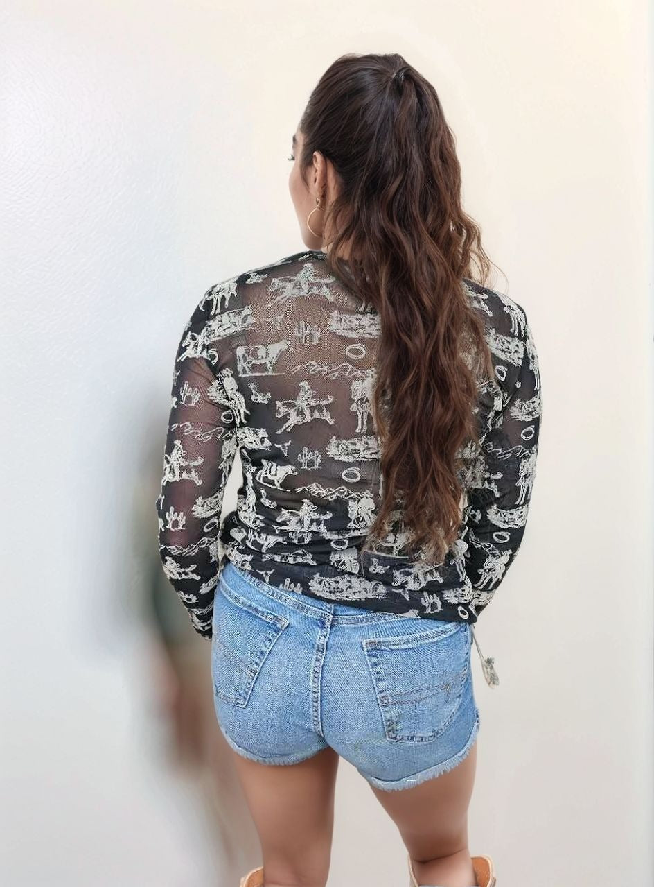 MK735 Long Sleeve Western Scene Mesh Top